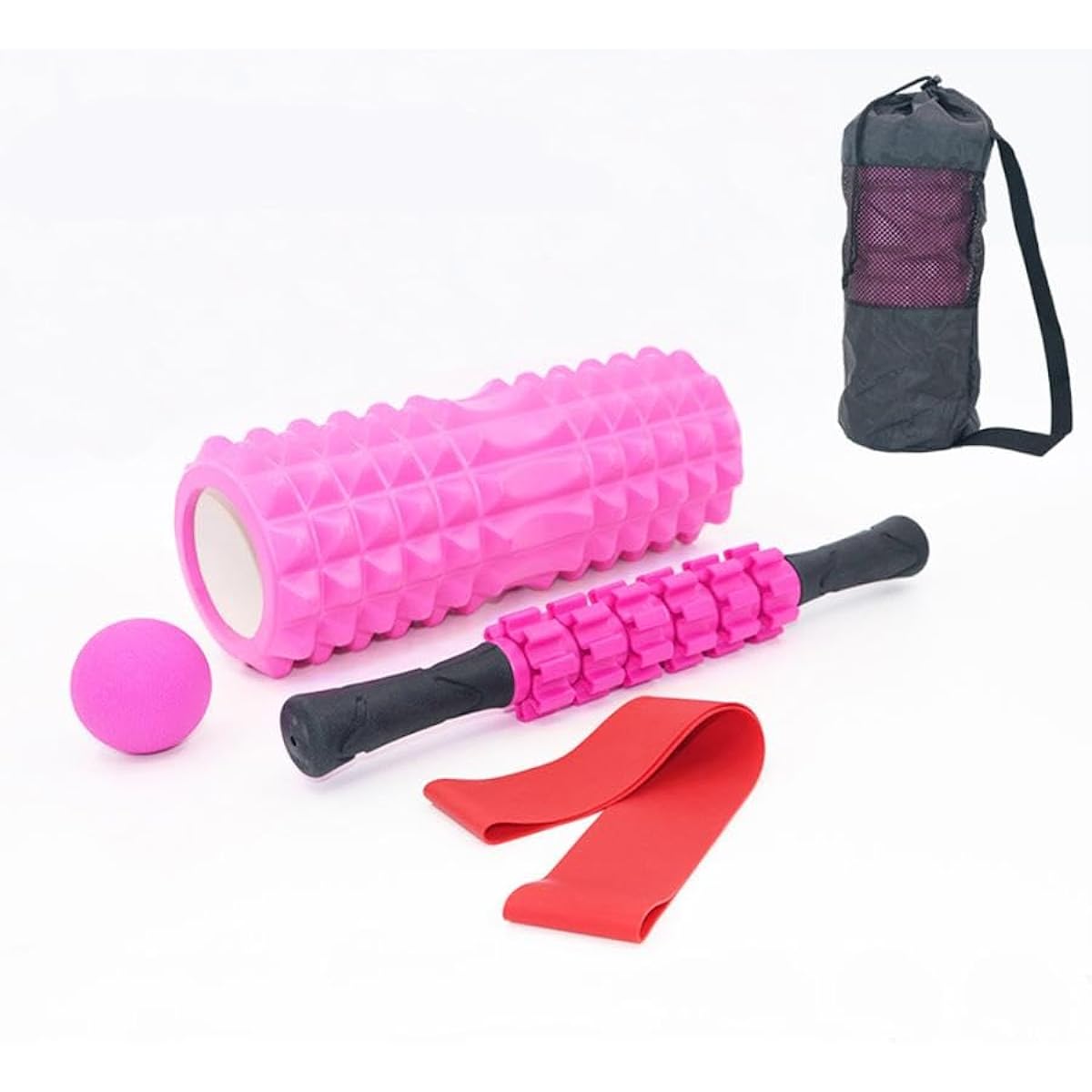 Fascia Roller, Foam Roller, Fascia Release Roller, Grid Foam Roller, Yoga Pole, Training Roller, Muscle Relaxation, Massage Roller, Japanese Instruction Manual Included, 5-Piece Set (Pink)