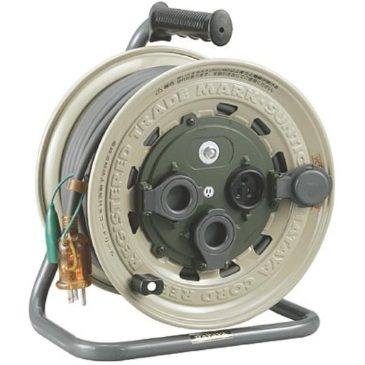 HATAYA Cord Reel for Outdoor Use (Rainproof) 100V Type Cord 50m Thickness 2.0㎟ Safe Rainproof Structure Design (IP55) Standard Type Built-in Temperature Sensor (Wire Melt Prevention Function) 3 Outlets Outlet Rainproof Cap Included Pilot Lamp Built-in Ho