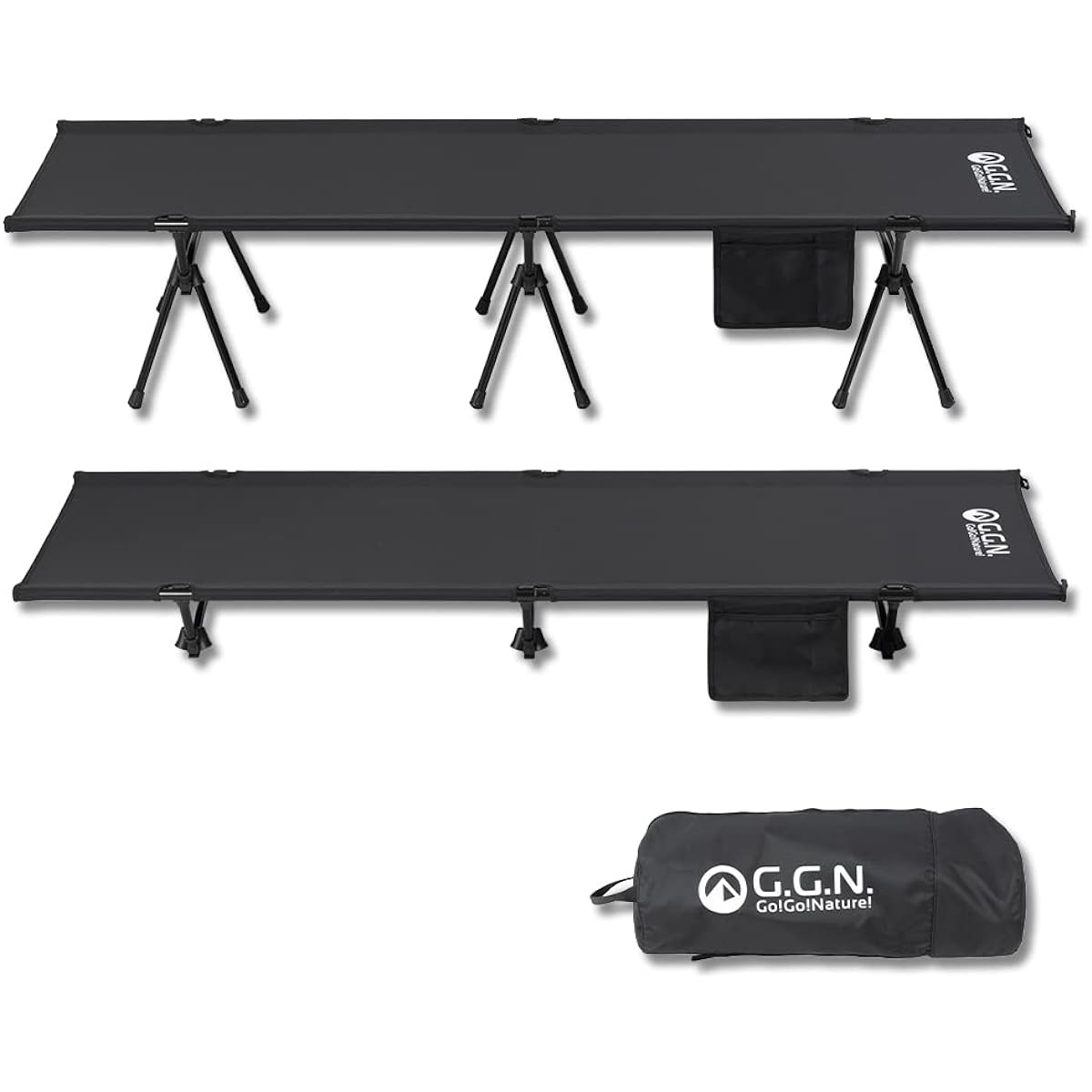 G.G.N. Cot 2WAY Bed Bench Lightweight Foldable with Storage Pocket Height Adjustable Storage Bag Included GN02CM018 Black 190x65x38/18cm