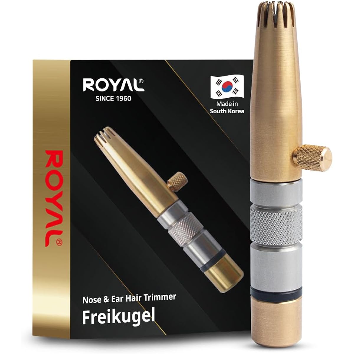 Royal Premium Nose Hair Trimmer for Men "Freikugel" Manual Operated, No Batteries Required, Made of Brass & Stainless Steel, Waterproof, Painless, Patented Mechanism ET-32