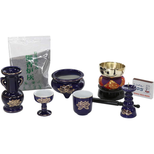 Buddhist altar set, lapis lazuli, gold lotus, pottery, 5 pieces + orin set, incense burner ash and matches included, for modern mini Buddhist altars