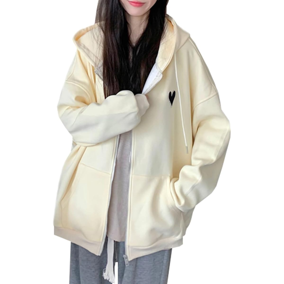 [JIYUTOR] Women's Parka, Long Sleeve, Zip Parka, Loose, Hooded, Pocket Jacket, Spring, Autumn, Outerwear, Loose Sweatshirt, Cute