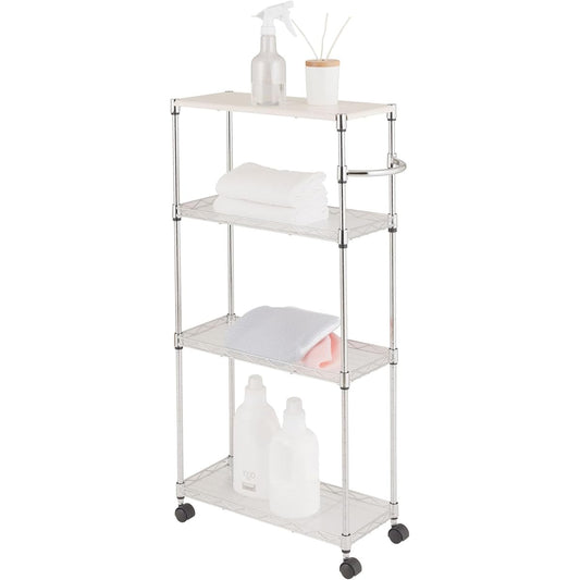 Doshisha Wagon, Kitchen Wagon, Laundry Storage, Width 20cm, 4 Tiers, Slim, Gap Storage, Load Capacity 120kg, Width 20 x Depth 45 x Height 91.5cm EP452090-4, Wooden Top, Workbench, White, Easy to Move with Handle and Casters, Dedicated Seat Included, Mova