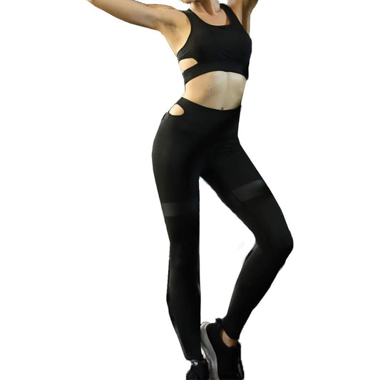 3STARS Back Shank Cut Yoga Wear Top and Bottom Set Leggings Tops with Cups Sports Bra Sportswear Khaki Blue Black 3S-N005-7