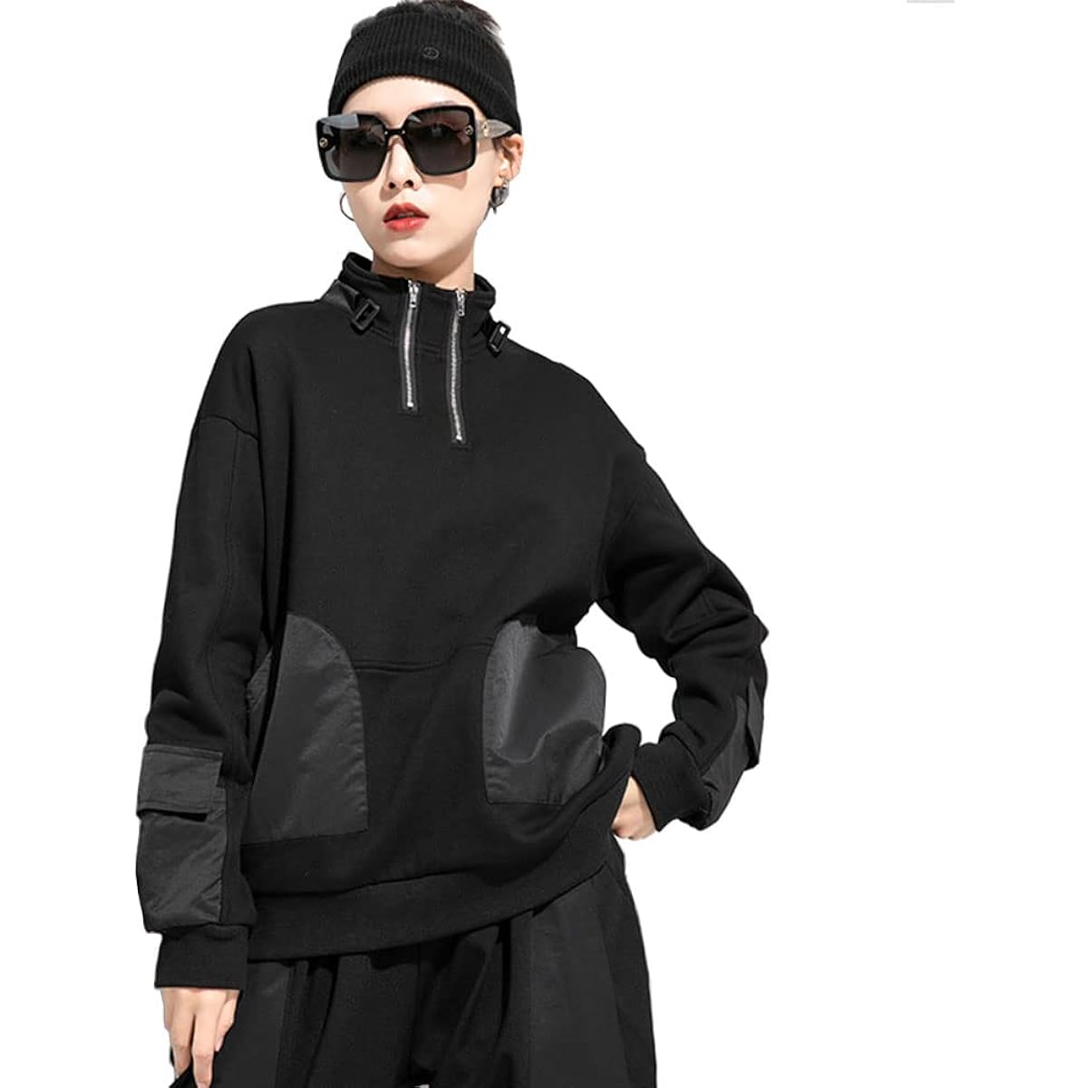 [Molineau] Pullover Sweatshirt, Women's Top, High Neck, Henley Neck, Different Materials, Switching, Zipper, Fashion, V Style, Mode Style, Streetwear, Spring, Autumn