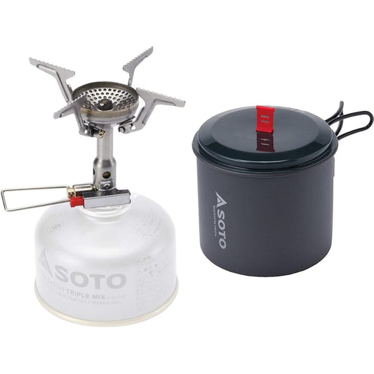 SOTO Amicus Compact Stove SOD-320 Camping Stove for OD Can Single Burner Camping Gas Burner Strong Firepower Solo Camping Touring BBQ Mountain Climbing Outdoor Storage Case Included Foldable Windproof & New River Pot M SOD-511 [Set Purchase]