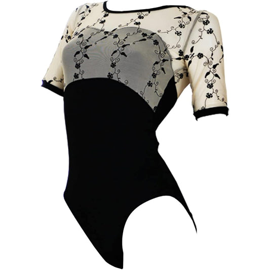 Ballet leotard for juniors and adults, rose embroidered mesh, quarter sleeves, padded pockets al006