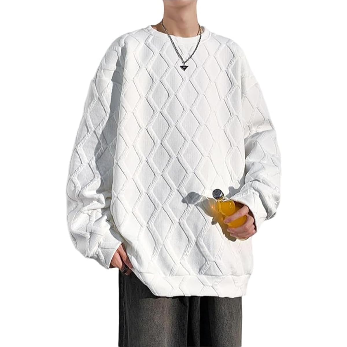 [YEOREO] Men's Sweatshirt, Long Sleeve, Large Size T-Shirt, Autumn, Winter, Plain, Loose Waffle, Stylish, Hoodie, Men's, Popular, Pullover, Round Collar, Spring, Autumn, Winter