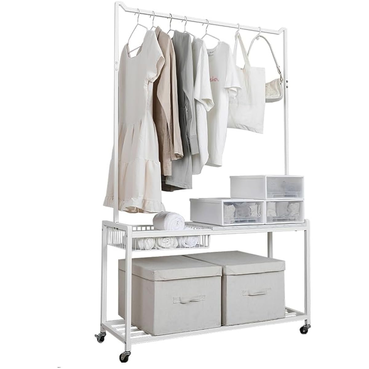 HQ HQ-GAMING Hanger Rack Coat Rack Clothes Hanger Rack Vertical Free Standing Clothes Hanger Decorative Rack Clothes Storage Rack Bedroom Clothes Hanger with Wheels Floor Standing Clothes Hanger with Basket 80CM White (White, 80CM)