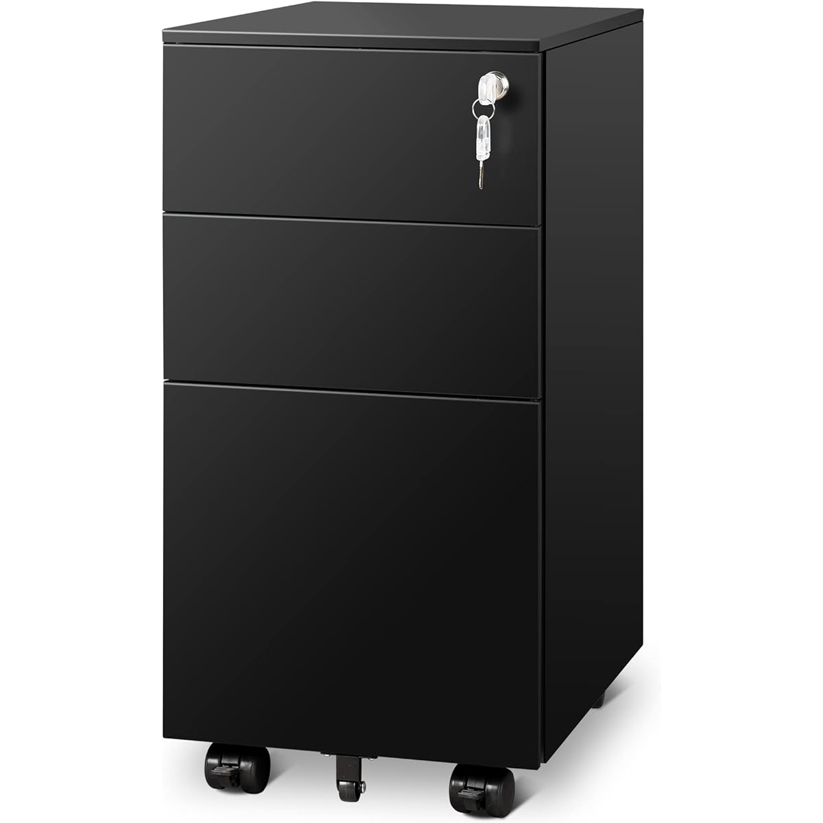 DEVAISE Slim Wagon, Desk Wagon, Side Wagon, Office Wagon, Cabinet, Width 300 x Depth 435 x Height 600 mm, Slim Type, Compact Size, Comes with Casters, Includes Key, 3 Tier All Lock, Compatible with A4, Made of Durable Steel, Rust-proof Painted, Black