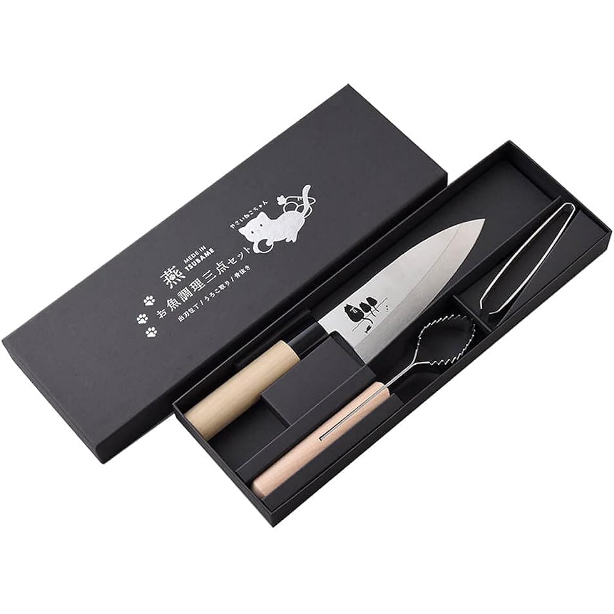 [Styleneo] Deba knife, scale remover, bone remover, 3-piece set, made in Japan, made in Tsubame-Sanjo, cat pattern, special foil-stamped cosmetic case (vegetable cat)