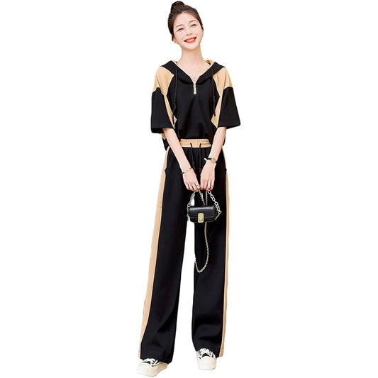 [Tiann] Jersey Women's Setup Top and Bottom Sweatshirt Short Sleeve Parka Long Pants Outerwear Hooded Sportswear Room Wear Daily Casual Large Size Black XL