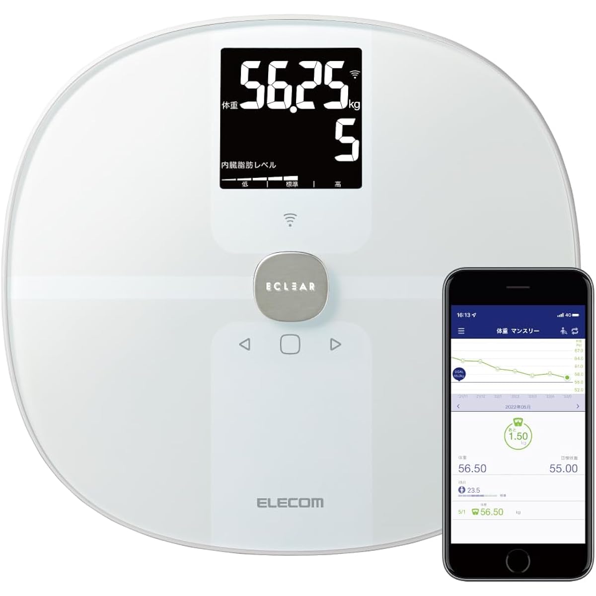 ELECOM Weight Scale, Body Composition Meter [No data transfer operation required, Wi-Fi connection] Carpet legs with backlight (weight/visceral fat level/body fat percentage/BMI/skeletal muscle percentage/bone mass/basal metabolism) 50g unit White HCS-WF