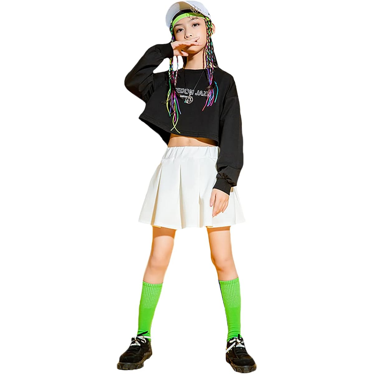 [YuWan] Dance Costume, Kids Setup, Girls' Skirt, Long Sleeve, Sweatshirt, Navel Baring, Top and Bottom Set, Girls' Jersey, Dancewear, Jazz Dance Clothes, Hiphop, Children, Korean Clothes, Stylish