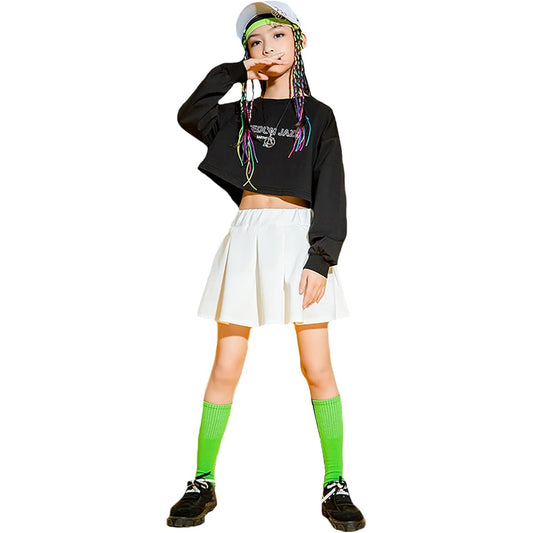 [YuWan] Dance Costume, Kids Setup, Girls' Skirt, Long Sleeve, Sweatshirt, Navel Baring, Top and Bottom Set, Girls' Jersey, Dancewear, Jazz Dance Clothes, Hiphop, Children, Korean Clothes, Stylish