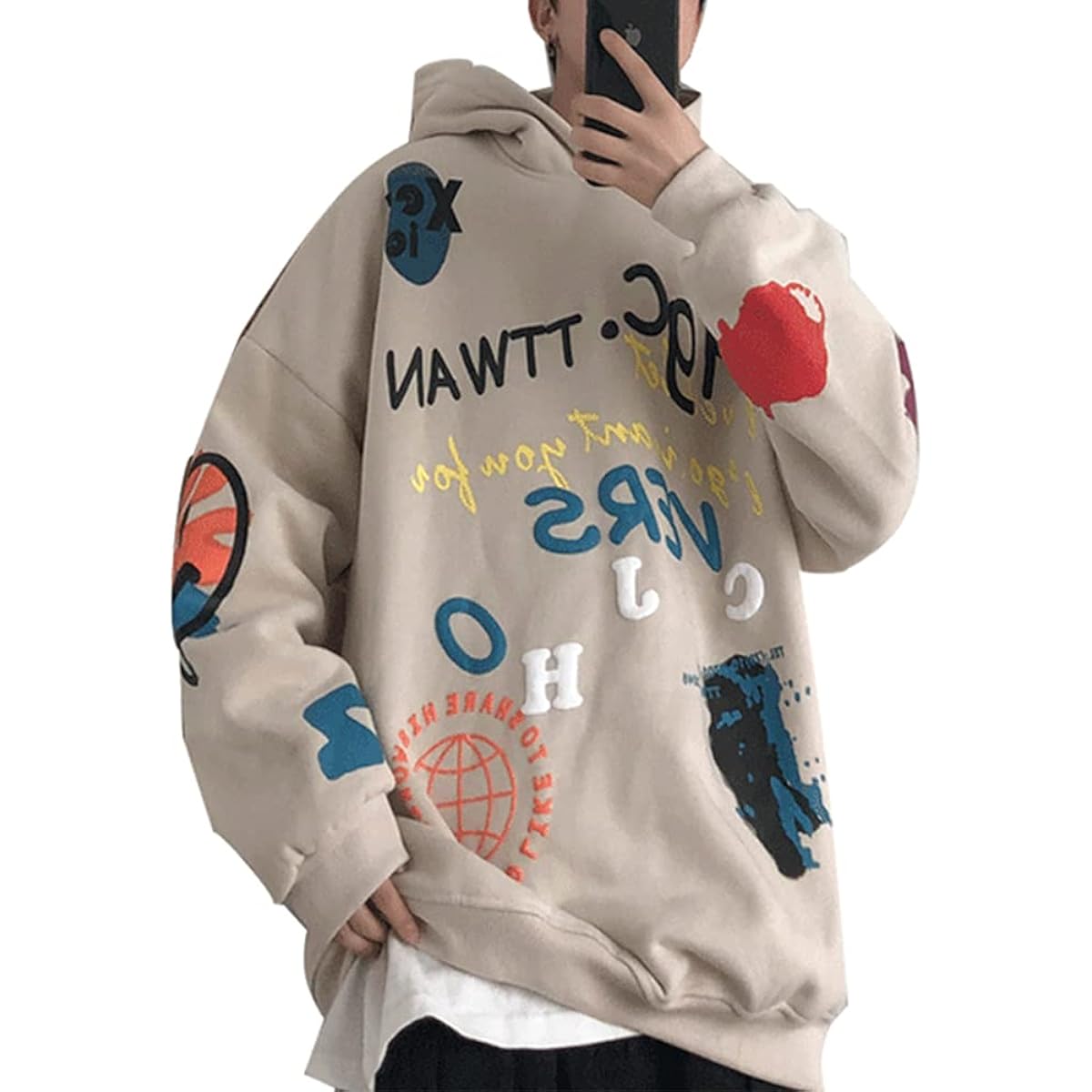 [foveitaa] Men's Hoodie, Long Sleeve Sweatshirt, Sweatshirt, Back Print, Loose Top, Casual, Stylish, Large Size, Hip Hop, Popular, Korean, Stylish, Spring Clothes, Autumn Clothes