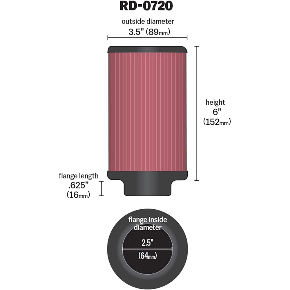 K & N Universal Clamp-on Air Filter: High performance, premium, washing, replacement engine filter: Flange diameter: 2.5 inch, filter height: 6 inches, flange length: 0.625 inches, shape: RD-0720, RD-0720