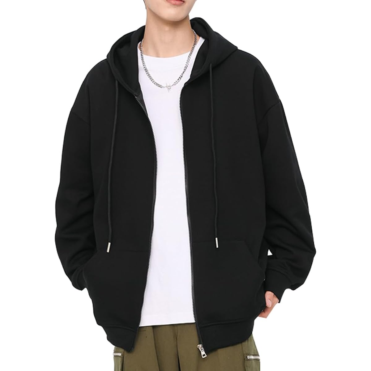 [Inkpoo] Men's Autumn Clothes, Parka, Long Sleeve, Hooded Cardigan, Unisex, Zip-up Sweat Tops, Pullover, Plain, Casual, Loose, Stylish, Popular, Simple, Spring, Autumn, Winter Clothes