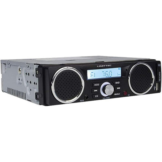 LIMITTEC 1DIN Deck Speaker Media Player 1DIN Deck with 3 Speakers for Cars, Light Trucks, Agricultural Equipment, Music Player, FM AM Radio, AUX USB SD Slot, Can Charge Smartphones, Includes Remote Control