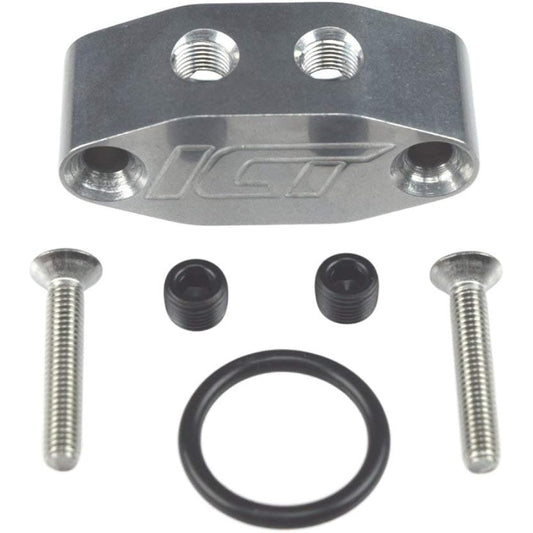 ICT Billet LS Twin Turbo Dual 90 degrees 1/8 inch NPT Oil Feateline Adapter Plate LS1 LSX Kit Port LS3 Right angle Billet Plate Supplied Sensor cover 551533