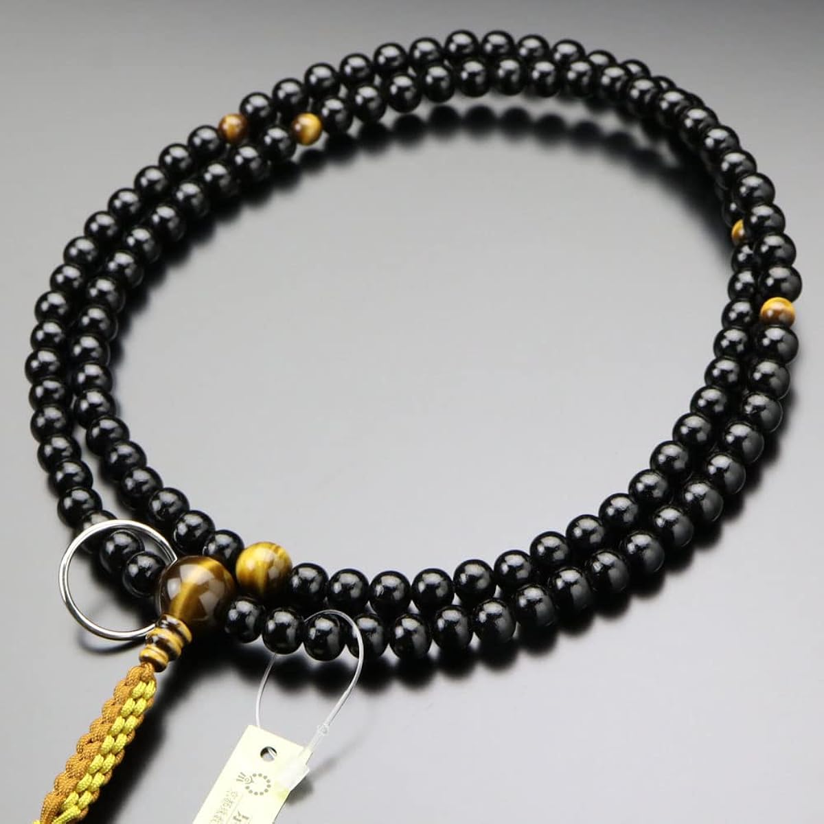 Nenju dot com Soto sect prayer beads for men Shakuni ebony (glossy) Tiger eye stone Genuine silver ring String tassel [Regular prayer beads Kyoto 108 beads 2 series Shaku 2 Zen sect Tiger eye stone Tiger eye black Funeral funeral memorial service Memoria
