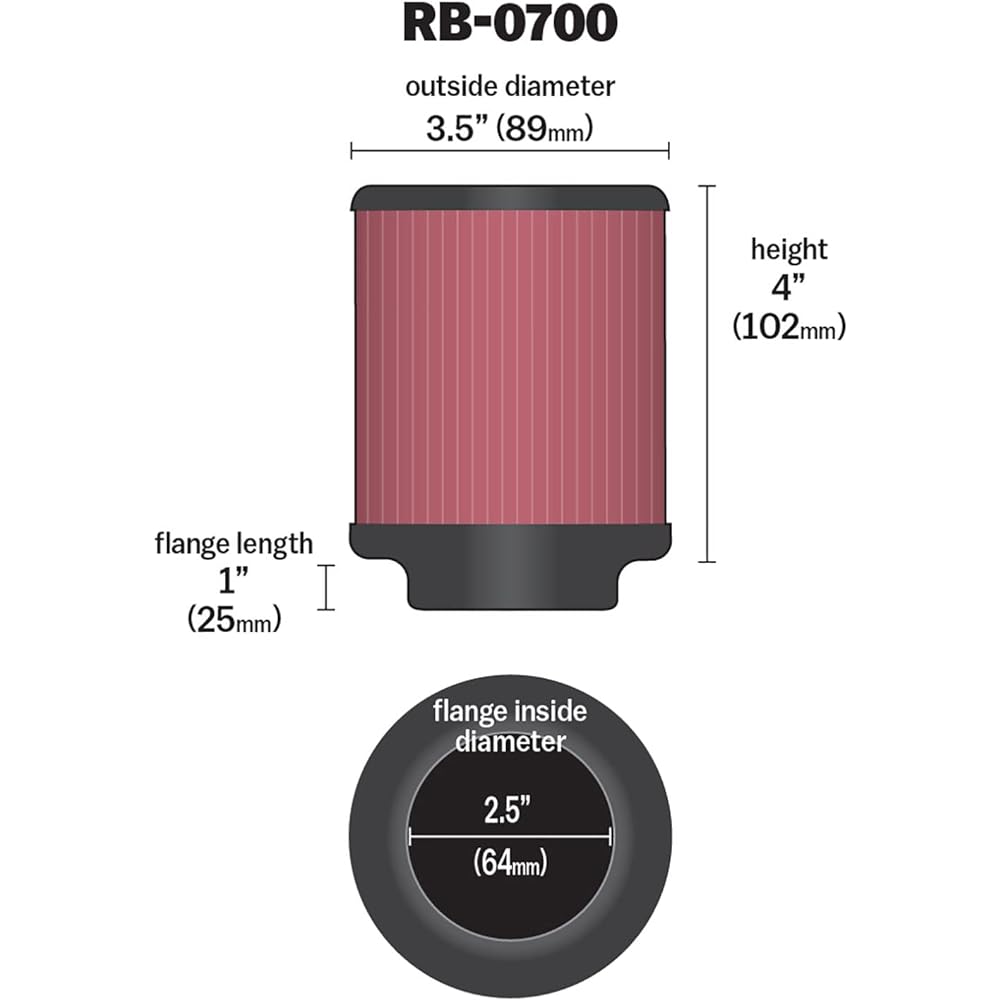 K & N Universal Clamp-on Air Filter High Sports, Premium, Washing, replacement Engine Filter: Flange Diameter: 2.5 inches, Filter height: 4 inches, 1 inch, shape: RB-0700, RB-0700