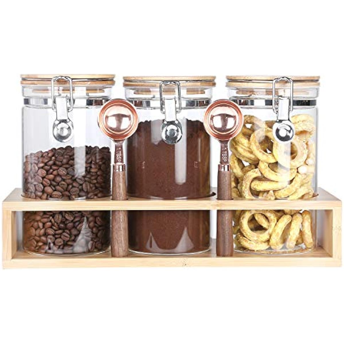 Ken's Kitchen Coffee Bean Storage Container Glass Canister with Lid and Spoon Coffee Beans, Coffee Ground, Nuts, Snacks, Tea, Sweets, Salt, Sugar, Pepper, Pepper, Spices, 1200ML, Set of 3