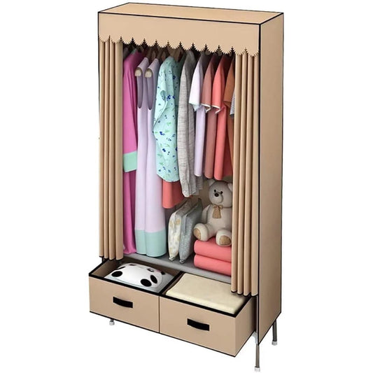 SUKIZUKI Wardrobe Large Capacity Hanger Rack Simple Clothes Storage Rack Closet Clothes Storage Wide Hanger with 2 Drawers Waterproof Dustproof Stain Resistant Width 70 x Depth 45 x Height 168cm Khaki Color