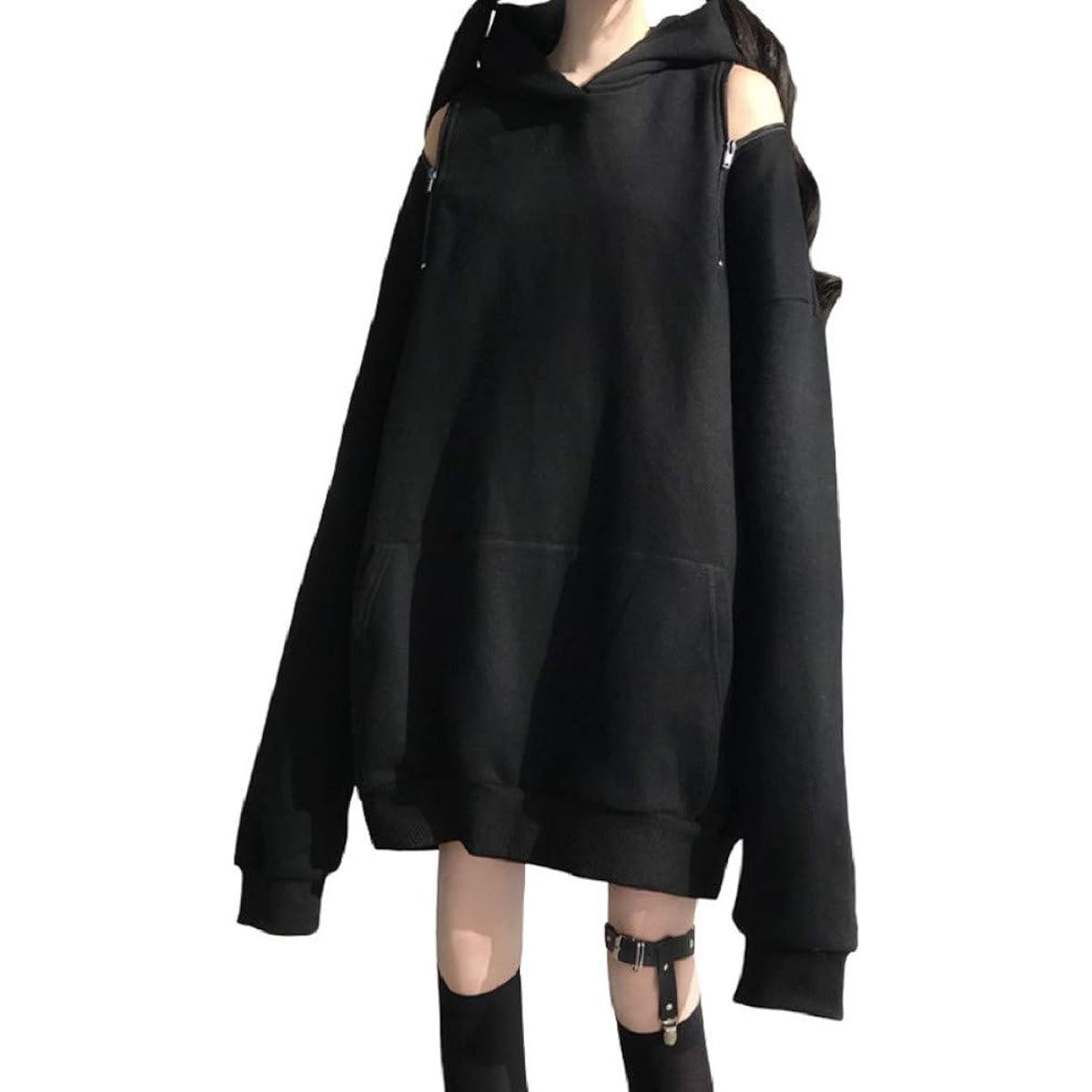 [AiO JAPAN] Parka, both shoulders, hooded, black, big silhouette, off-shoulder, Korean fashion, Gothic, Gothic Lolita
