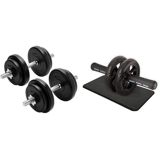 Bodytech PE Coated Dumbbell Adjustable 20kg Set (10kg x 2 pieces) BTST91TL001 & Abdominal Roller with Knee Protection Mat Load Capacity 200kg Double Roller Exercise Ab Wheel BTS91NH001 [Set Purchase]