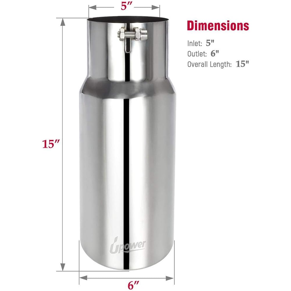 Upower diesel exhaust port 5 inch inlet 6 inch outlet length 15 inch tail pipe universal truck Stainless steel bolt -on