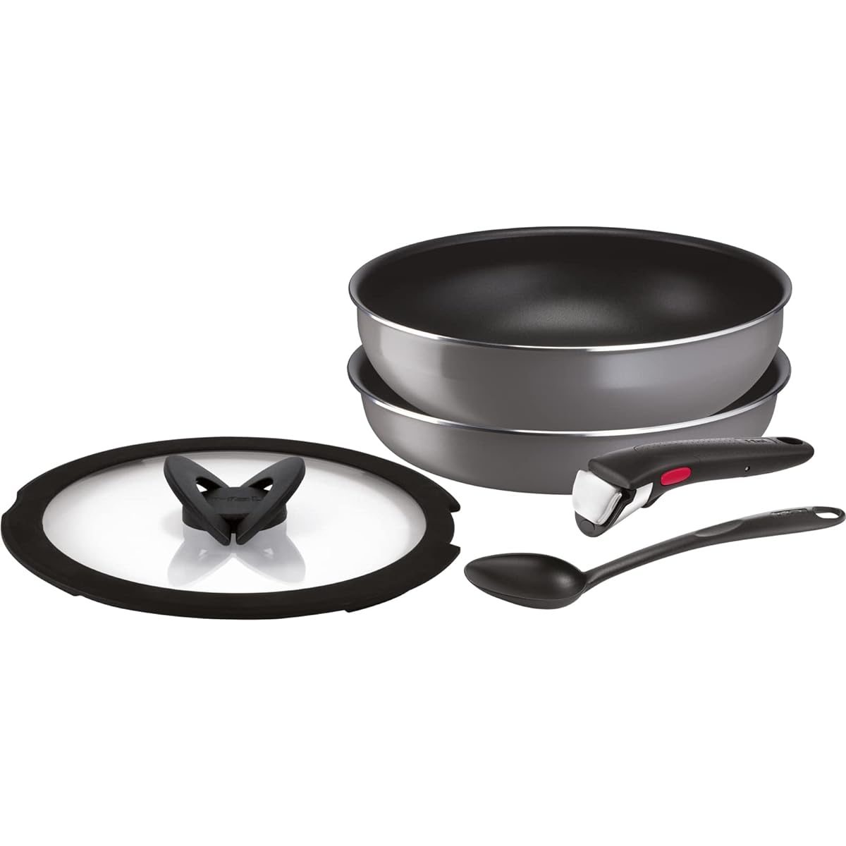 Tefal [Online Only] Set of 5 frying pans with removable handles, compatible with gas fires, "Ingenio Neo Phrase Gray Basic Set 5", Non-stick Gray L16190 Black