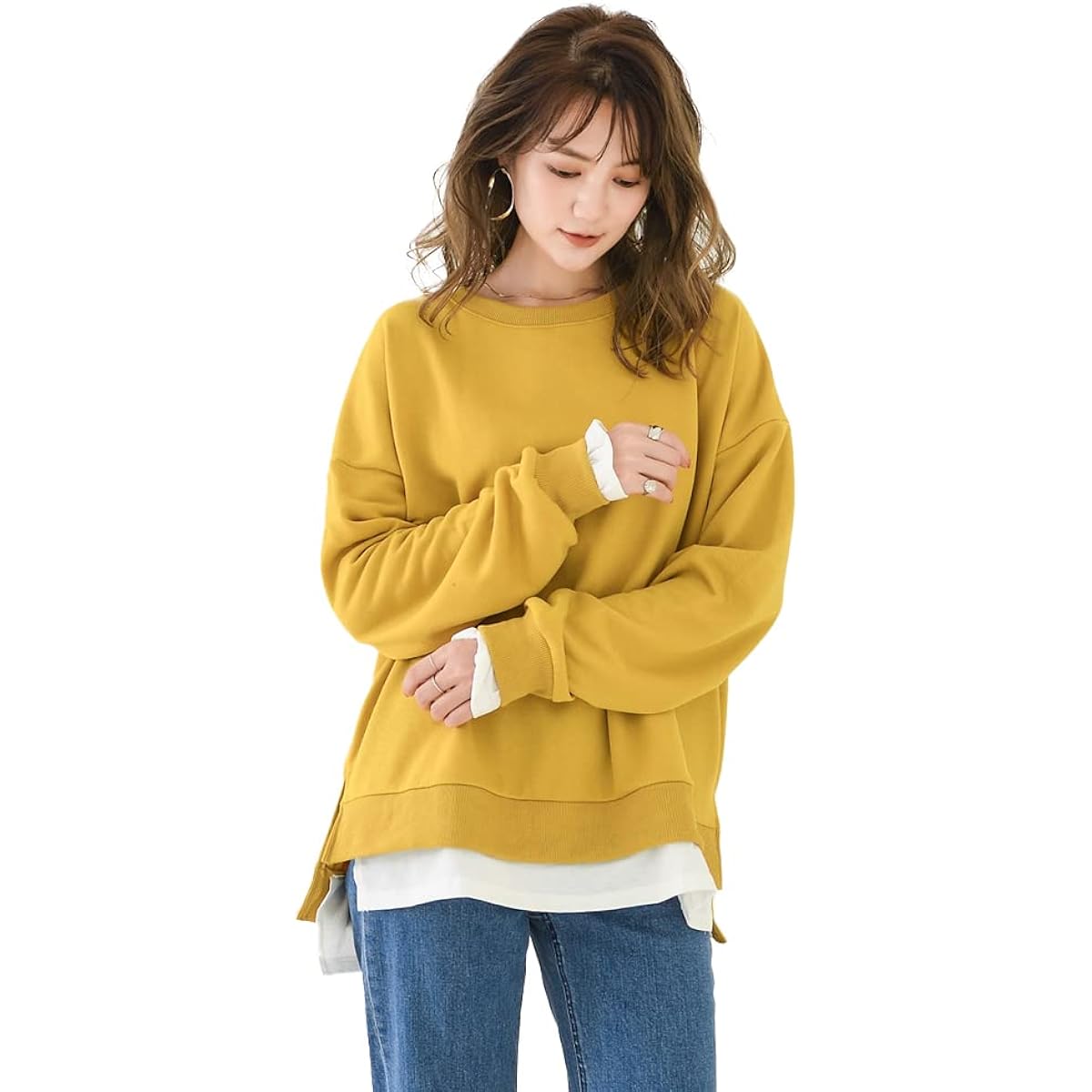 [Kayiyasu] Women's Top, Layered Style, Long Sleeve, Pullover Hoodie, Casual Sweatshirt, Loose, Cute, Thin, Everyday Wear, Spring, Autumn, M~XL