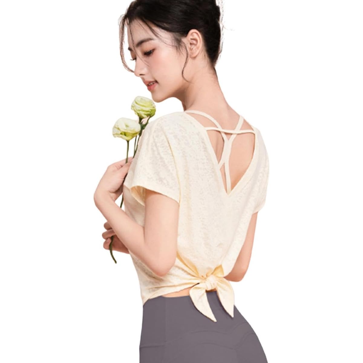 [THEOPHEMIA] Women's Yoga Wear, Tops, Hot Yoga, Short Sleeve, Thin, Sweat Absorbent, Quick Drying Shirt, Stylish, Simple, Long Length, Body Coverage, Back Design, Stretch Training 7004