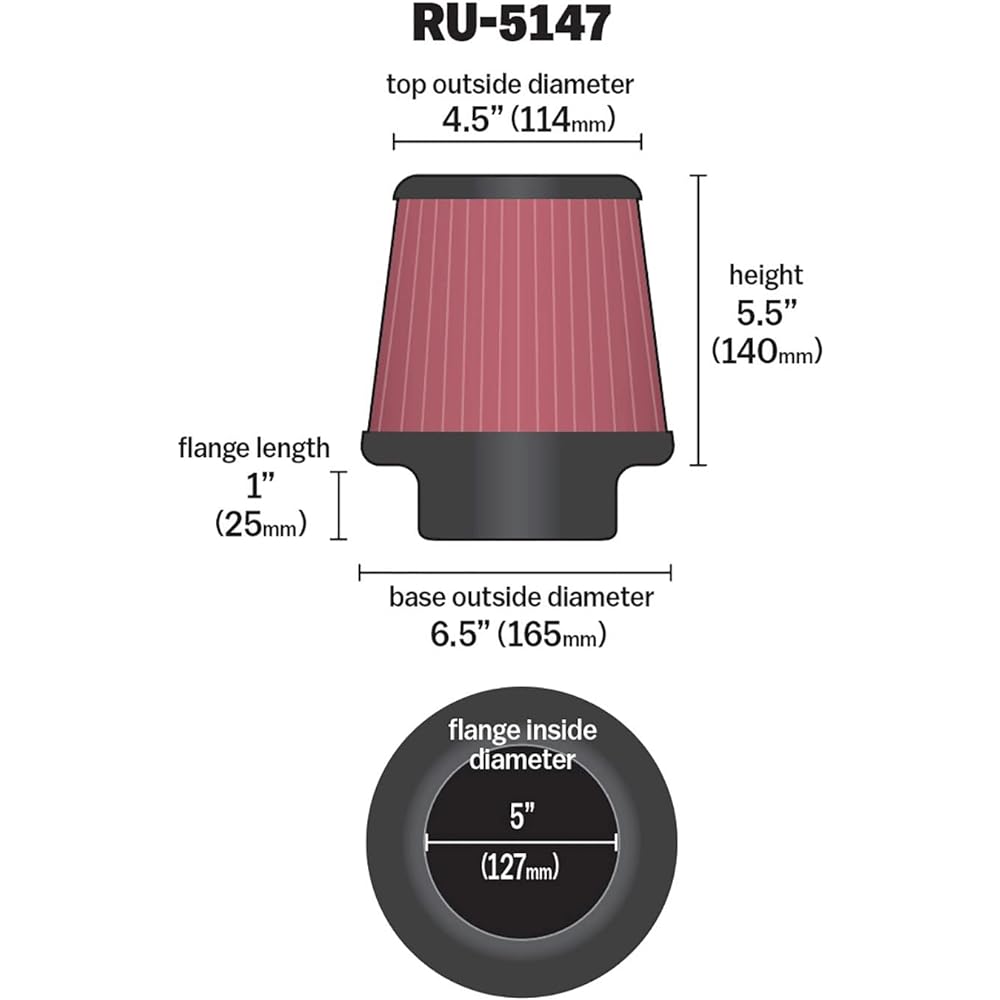 K & N Universal Clamp-on Air Filter: High performance, premium, washing, replacement engine filter: Flange diameter: 5 inches, 5.5 inches, flango length: 1 inch, shape: Round tapered, RU-5147