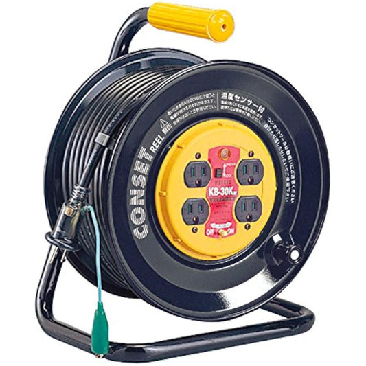 HATAYA Conset Reel Cord Reel, Indoor Use, 100V, 30m, Thickness: 2.0㎟, Plug-in Fixed Reel, Earth Leakage Breaker Included, Built-in Temperature Sensor, 4 Outlets, For Home Use, Factory Use, Construction Site KB-30