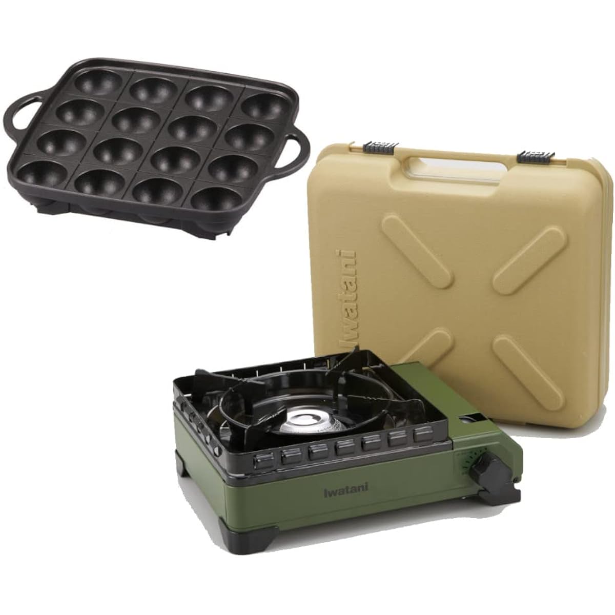 Iwatani Tough Maru & Genuine Accessory Series Plate Set (Tough Maru + Takoyaki 2-piece set, Olive)