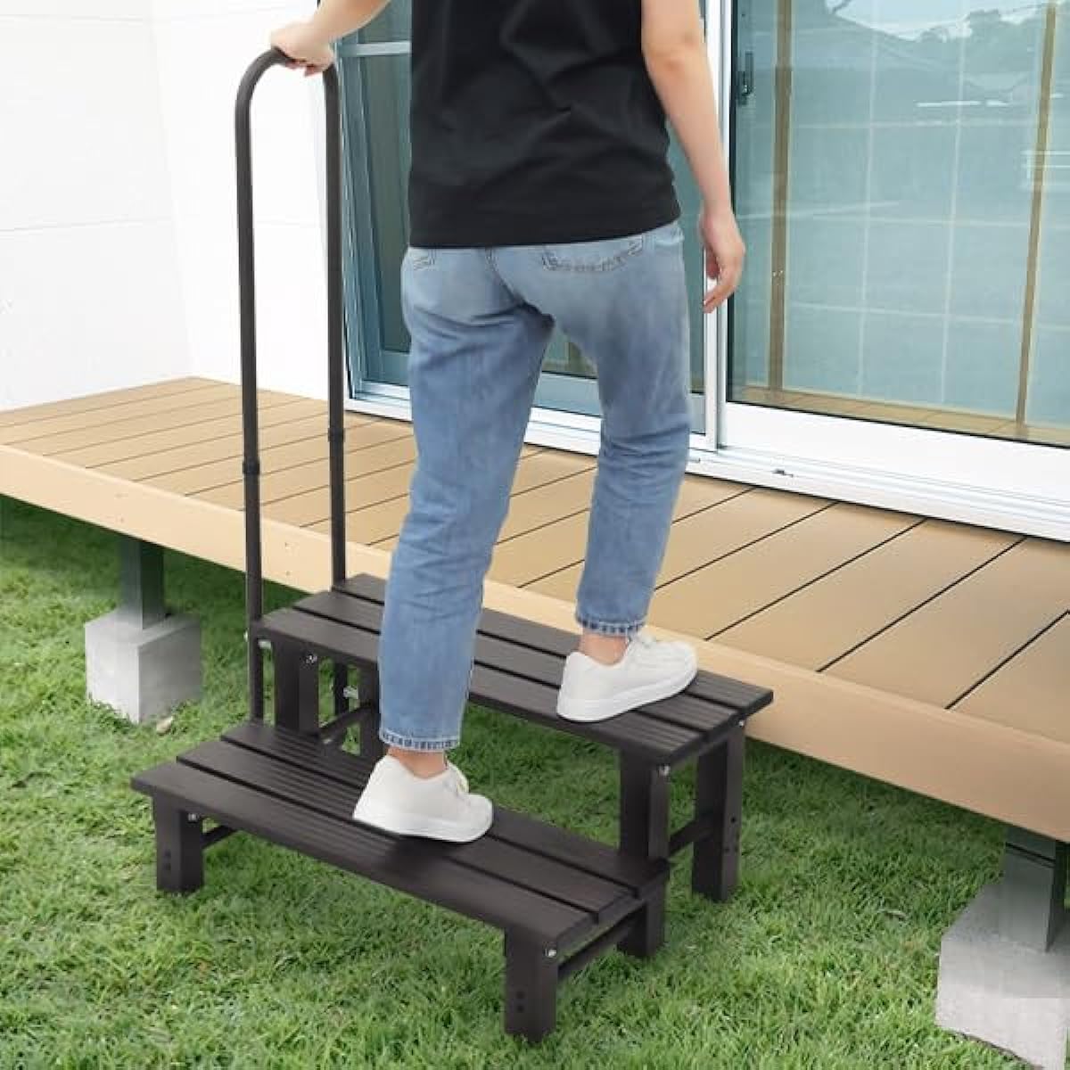 iimono117 Step Stool with Handrail, Aluminum Entrance Stand, Step Stand, Handrail, Entrance Step, Lightweight, Lifting Assistance, Eliminates Steps, Fall Prevention (2 Steps, One Hand)