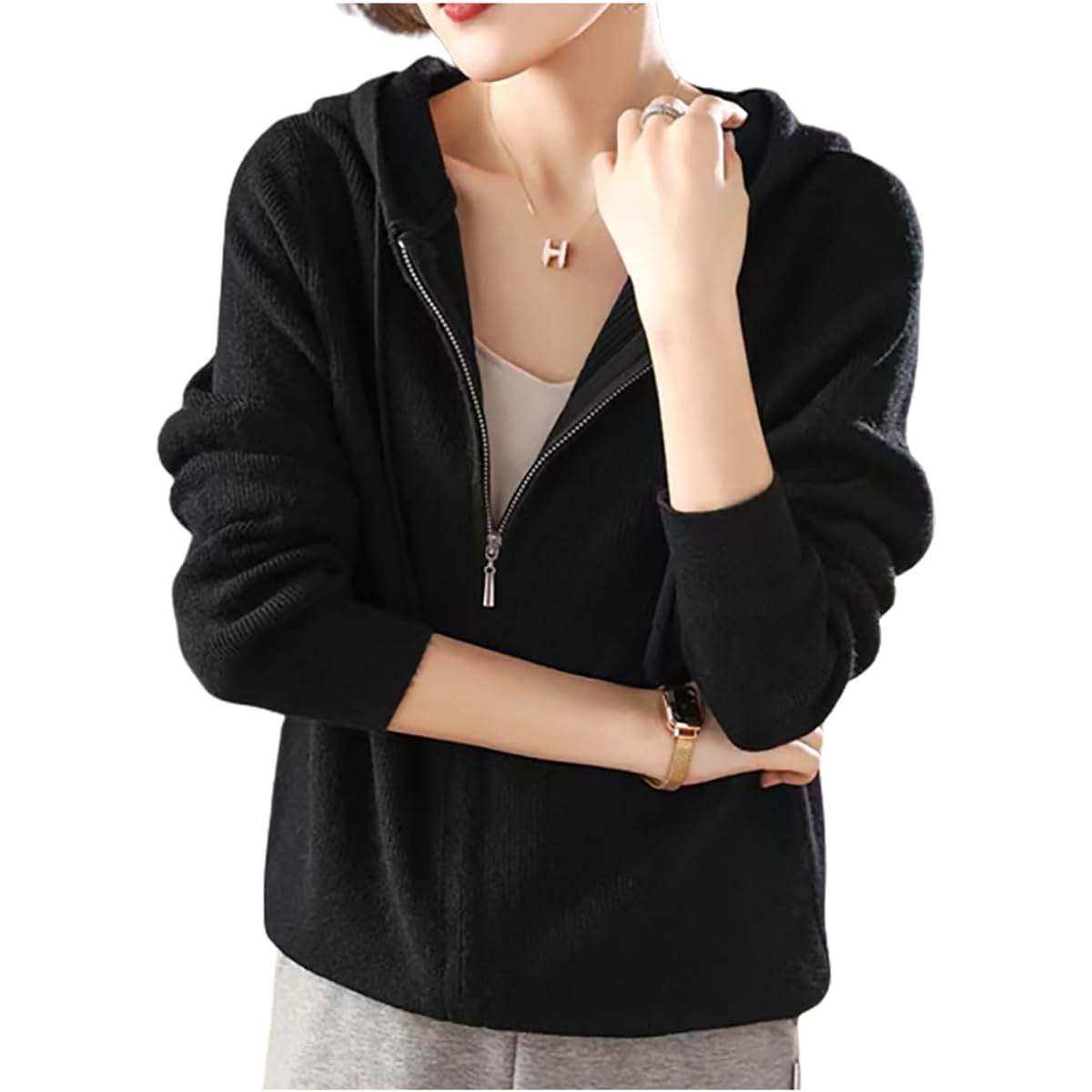 [Cunatch] Women's Parka Knit Zip Up Double Zip Cover Light Outerwear Autumn/Winter
