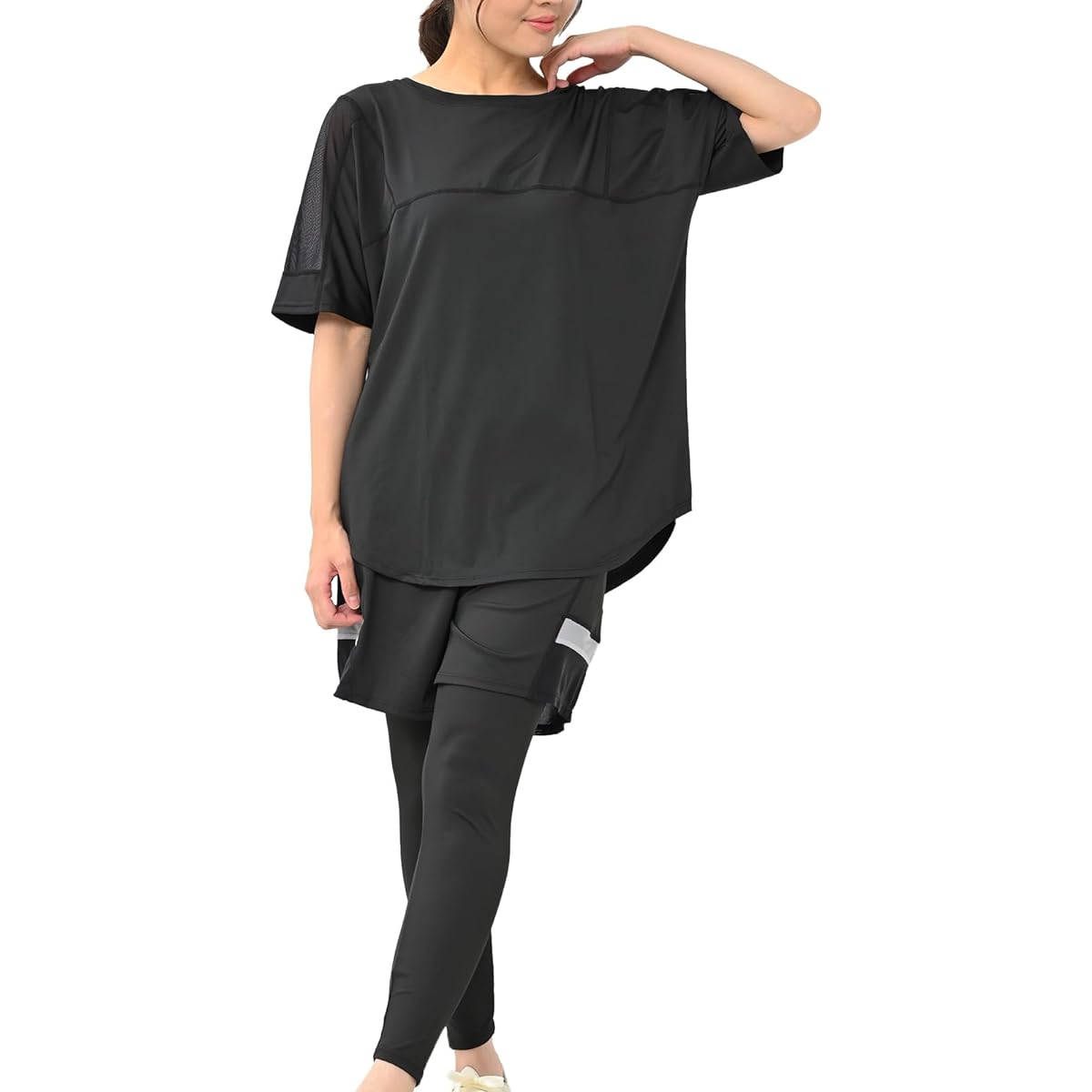 [JANJAM] Large Size Women's Top and Bottom 3 Piece Set Mesh Switching Short Sleeve T-shirt Shorts Leggings Pants Sportswear Setup