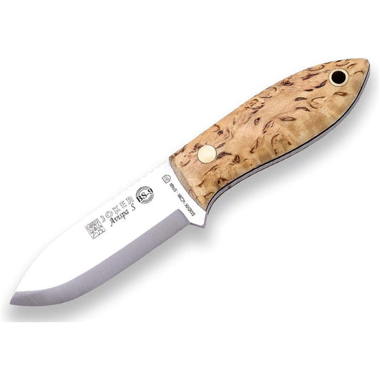 Joker Bushcraft Avispa S" CL121 Curly Birch Wood Handle 3.15" Blade with Spine Grip and Brown Leather Sheath Fishing/Hunting/Camping/Hiking Tool