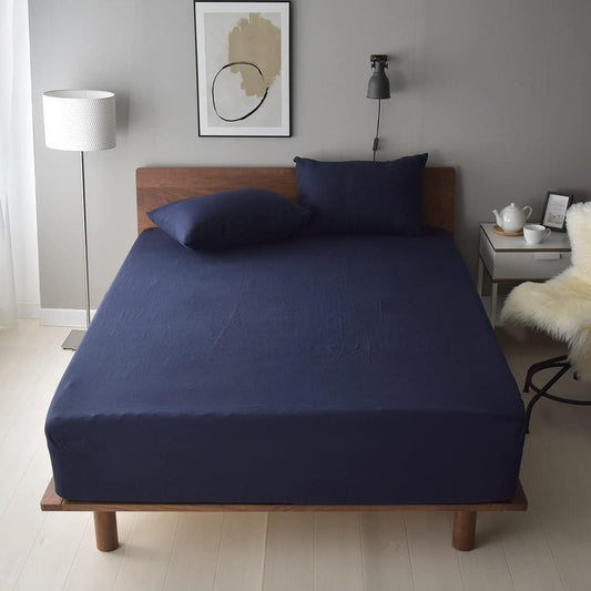 Sleep Tailor Fitted Sheet Made in Japan 100% Hemp Linen Washed Scandinavian Stylish Bed Sheet Mattress Cover Bedspread Lina (Queen Size 170x200x30cm, Indigo Navy)