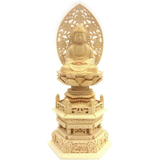 Kurita Buddha Statue Brand [Tathagata] Shakyamuni Buddha Seated Statue Made of Cypress Wood High Quality Wood Carving Grass Halo Hexagonal Stand (2.0 inch) 531