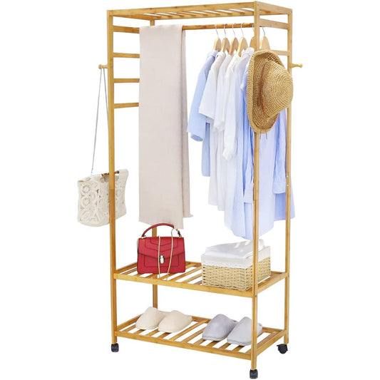 Susire Hanger Rack Wooden with Casters Storage Shelf Coat Rack Entrance Clothes Rack Stylish Children Large Capacity Rental Width 80cm Single Closet Clothes Rack Sturdy