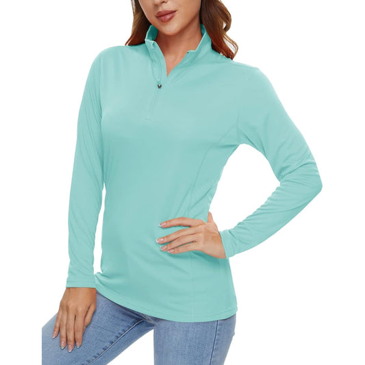 [KEFITEVD] Long Sleeve T-Shirt Women's Sports Half Zip UV Protection Sweat Absorbent Quick Drying Pullover UPF50+ Rash Guard Thin Plain Golf Wear Tops