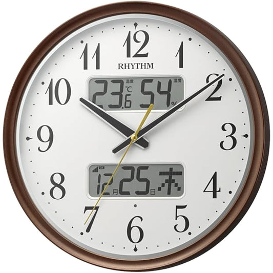 RHYTHM Wall Clock Radio Clock Analog Continuous Second Hand Temperature Humidity Calendar Automatic Light Brown Φ34x5.3cm Fit Wave M04 8FYA04SR06