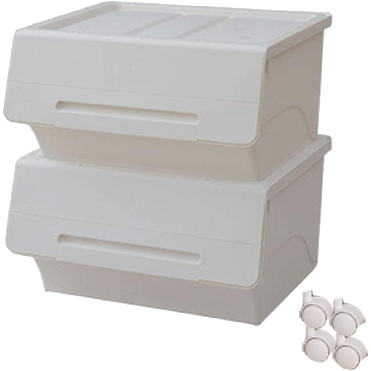 [Yamazen] [Made in Japan] Storage box with lid, set of 2, wide, deep froq (flock), with casters, stackable, lid can be fixed when open, Width 57 x Depth 46 x Height 31 cm, Completed product, White fr-W30NWH/WH*2+ K