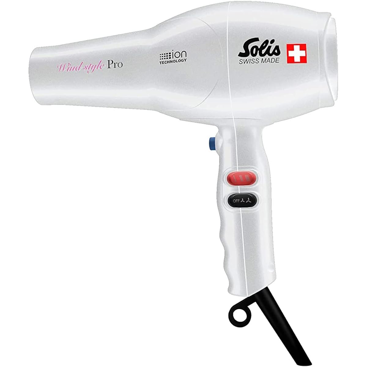 Solis home dryer, salon-like finish, cool shot button, ion technology, wind style pro, pearl white