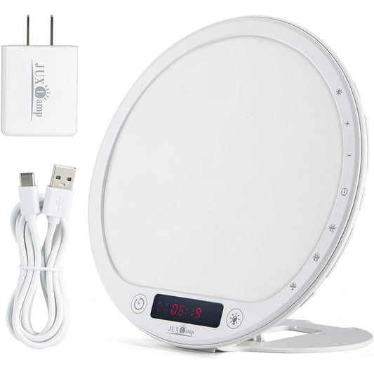 JUXLamp Optical Alarm Clock Light 10000 llux Refreshing Sunrise/Sunset Reproduction 8 Types of Natural Sounds Bedside Lamp Suitable for Those Who Can't Wake Up in the Morning, Night Shifts and Jet Lag