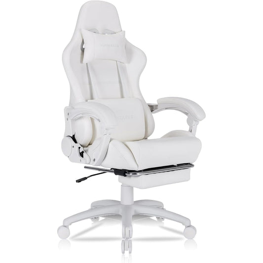 Homracer Gaming Chair, Office Chair, Computer Chair, Desk Chair, Reclining PC Gaming Chair with Ottoman, Vibration Function Lumbar Support, Interlocking Armrest, Adjustable, Commercial Use, Liftable, Telework Chair, Gift (White)